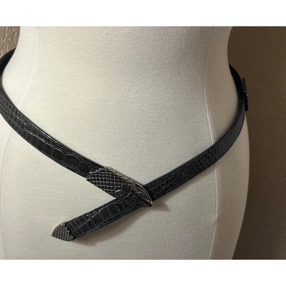Avignon Snake Head Belt ML Black Crocodile Embossed Leather Silver Hardware